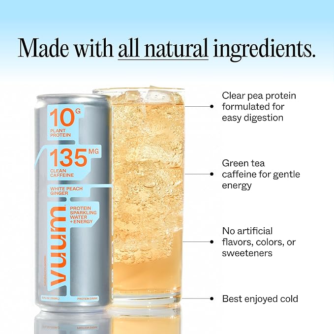 VUUM Sparkling Clear Protein Drink - 10g Plant Protein, Natural Pre Workout Energy Drink, Plant Based, Natural Caffeine, Sugar-Free Protein Drink - White Peach Ginger, 12 Fl Oz (12 Pack)