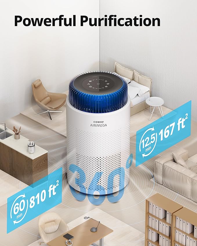 COWAY Air Purifiers for Bedroom Home up to 810 ft², True HEPA Filter for Smoke, Allergies, Pet Dander, Odor, AQI Monitor, Auto&Sleep Mode, Timer, Filter Indicator, Night Light, 3yr Warranty, 100 White