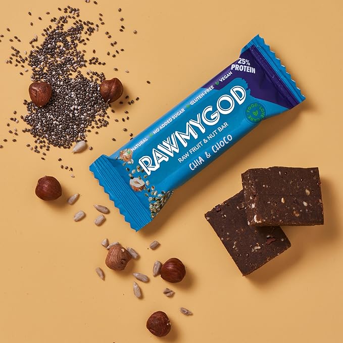 RAWMYGOD Fruit and Nut Bars, Gluten Free, Vegan, No Added Sugar (16 bars, Protein Pack - 4 Orange & Hazelnut, 4 Fruit & Nut, 4 Chia & Choco, 4 Peanut & Cacao)