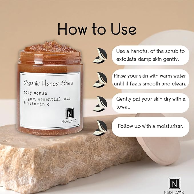 Organic Honey Shea Body Scrub Made in USA with Essential Oil and Vitamin C by Nabila K - Exfoliate and Moisturize for Smooth Skin - Luxury for Women & Men, 3 oz