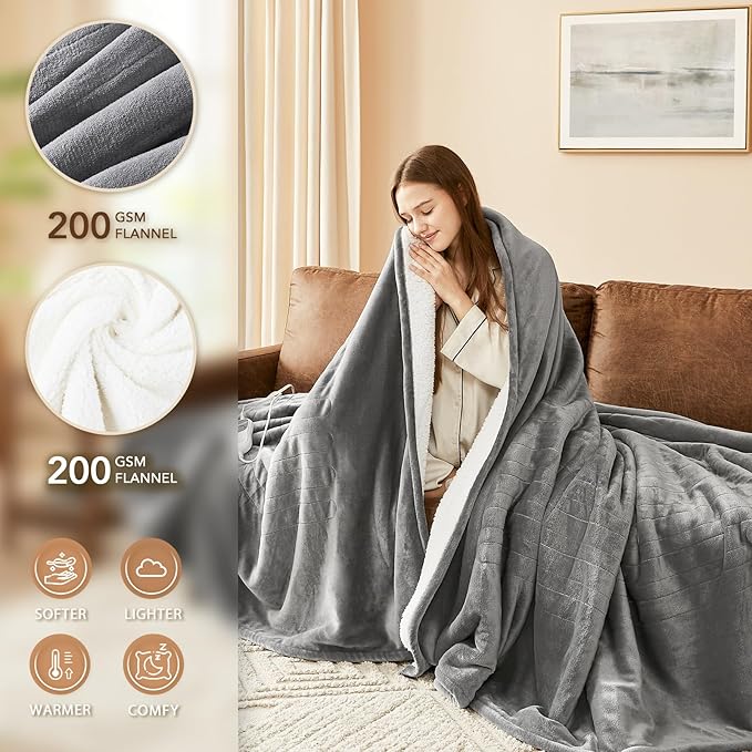 Homemate Electric Heated Blanket Full Size - 72"x84" Heated Bed Blanket Throw with 10 Heating Levels 8 Hours Auto Off Fast Heating Over-Heat Protection-Ultra Soft Flannel ETL Certified, Grey