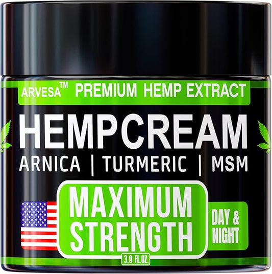 Hemp Cream - Maximum Strength - Natural Hemp Oil Extract Gel Rub with MSM - Glucosamine - Arnica - Turmeric - Maximum Strength - Formulated in USA - 3.9 oz