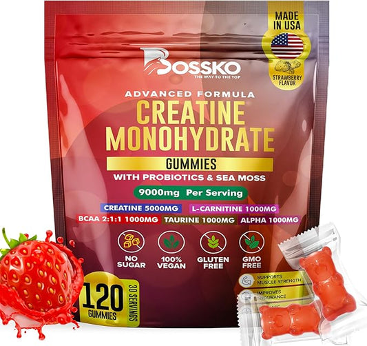 (9g) Creatine Monohydrate Gummies Complex with BCAA - L-Taurine L-Carnitine- B12 Probiotics Pre Workout Chewables Gummies for Men & Women | Vegan Non-GMO 120 Count