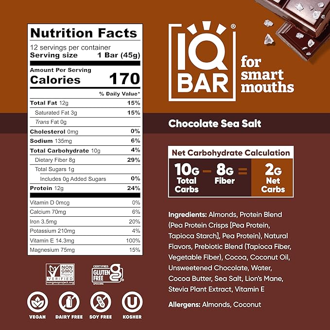 IQBAR Brain and Body Plant Protein Bars - Chocolate Sea Salt - 36-Count - Keto, Vegan, Low Carb, High Fiber, Gluten Free, Dairy Free, Low Sugar Snack with Nutrients for Focus, Energy, Meal Replacement