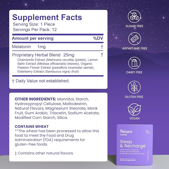NeuroGum Sleep & Recharge Meltaway Mints | 1mg Melatonin + Chamomile + Elderberry + Lemon Balm + Passion Flower | Natural Sugar Free Rest & Relaxation Supplement (Mixed Berry, 72 Pieces)