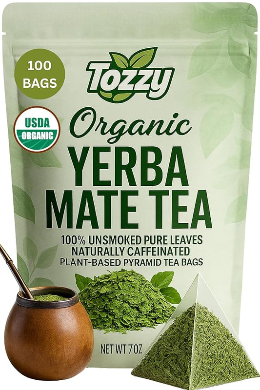 Tozzy Organic Yerba Mate Tea, Unsmoked – 100 Count, Plant-Based Pyramid Tea Bags | Caffeine-Powered