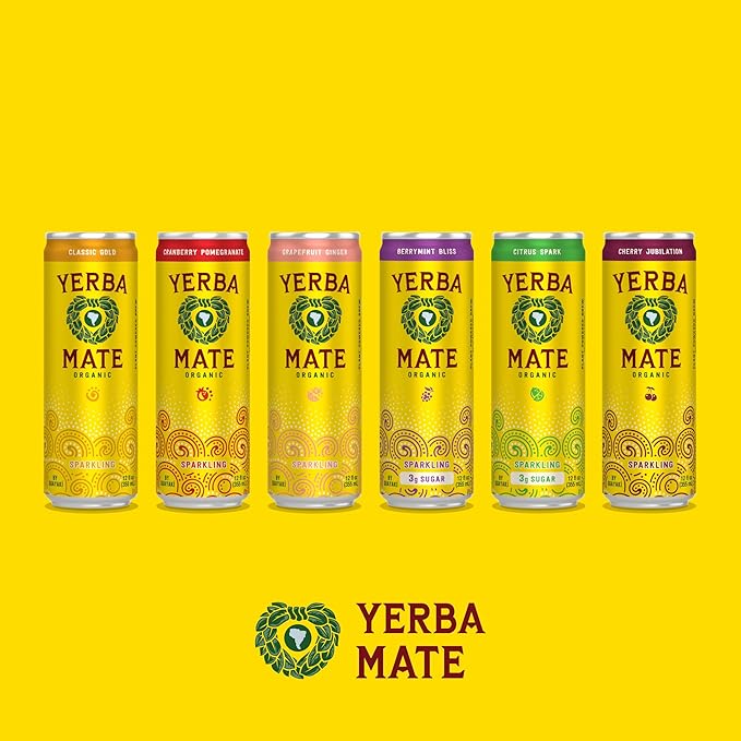 Yerba Madre Organic Sparkling Yerba Mate, Cherry Jubilation, 80mg Natural Plant Based Caffeine, Smooth Energy & Focus, Carbonated, 12 Oz (Pack of 12)