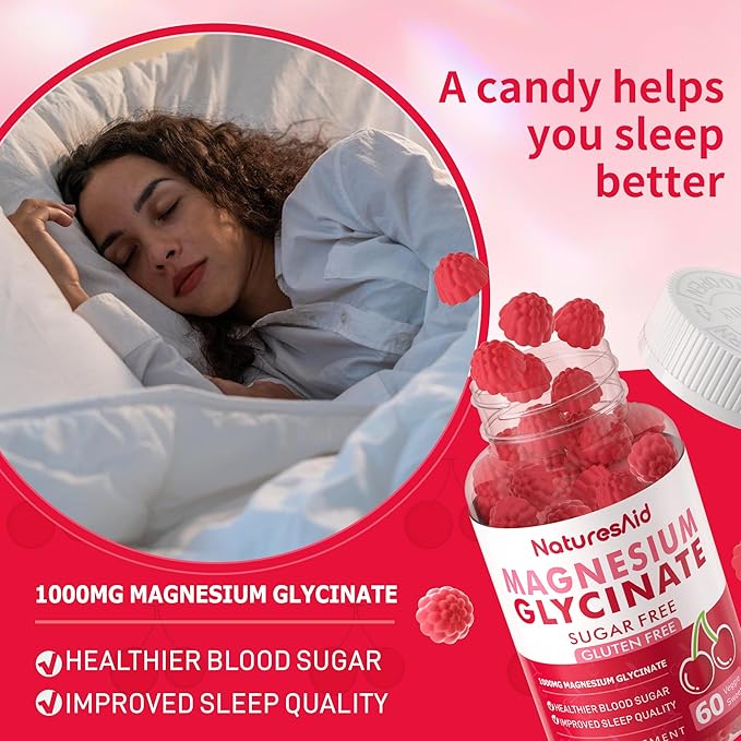 Natures Aid Magnesium Glycinate Gummies 1000mg - Sugar Free Magnesium Potassium Supplement with Vitamin D, B6, CoQ10 for Calm Mood & Sleep Support - 120 Cherry Gummies -2 Pack