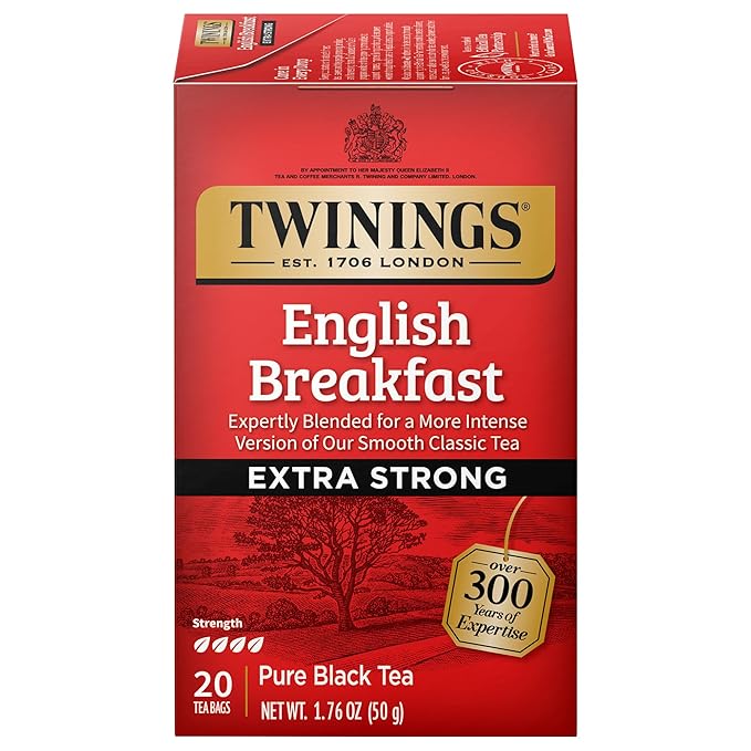 Twinings English Breakfast Extra Strong Black Tea Individually Wrapped Bags, 20 Count (Pack of 1), Robust, Caffeinated, Enjoy Hot or Iced, 20 Teabags