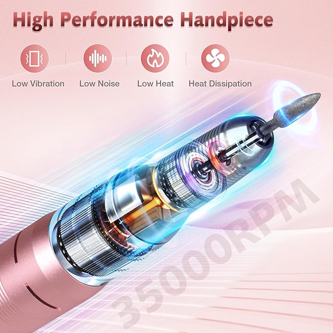 Professional Nail Drill Machine, HoMove 35000RPM Portable Nail Drills, Rechargeable Efile Nails Drill, Low Heat Electric Nail File for Acrylic Gel Nails(Rose Gold)