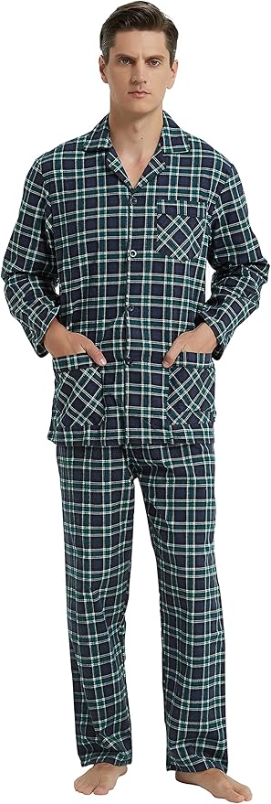 GLOBAL Men's Pajamas Sets 100% Cotton Flannel Sleepwear Long-Sleeve top & Bottom