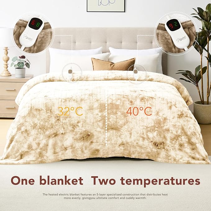 Homemate Electric Heated Blanket Queen Size - 84"x90" Heating Blanket Queen Size Dual Control 1/2/4/6/8 Hours Auto-Off 10 Heat Level Over-Heat Protection Luxury Faux Fur Sherpa ETL Certification