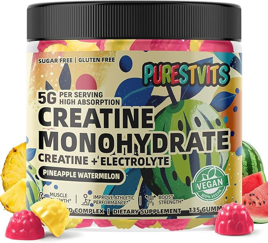 Creatine Monohydrate Gummies (5g) – Pre-Workout Energy & Muscle Growth Support for Men & Women | Pineapple Watermelon Electrolyte Gummies (135 Count)