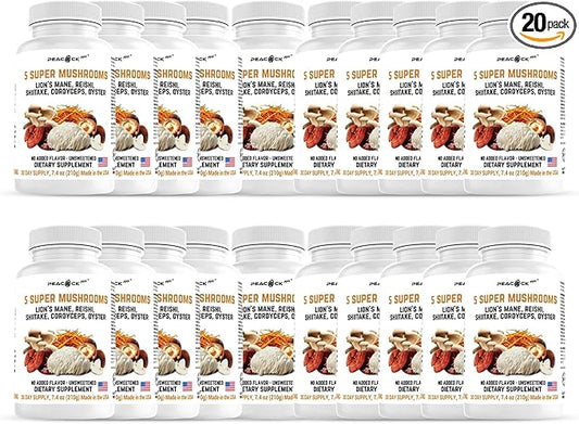 Mushroom Supplement Capsules, Pack of 20 (180 Count Each) – Reishi, Shiitake, Cordyceps, Oyster Mushrooms & Lions Mane Supplement Capsules