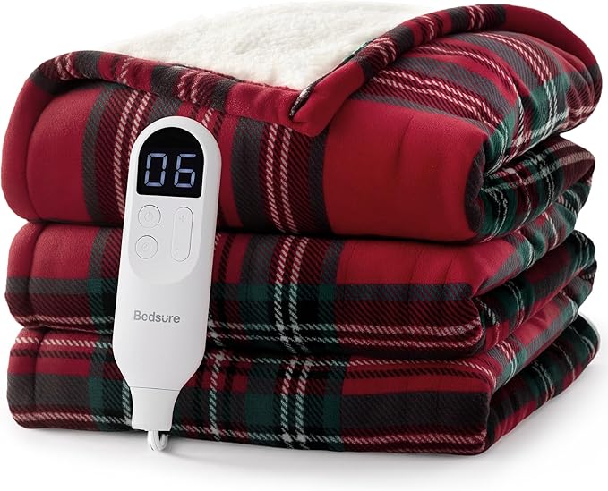 Bedsure Plaid Electric Blanket Twin - Flannel Sherpa Heated Blanket with Plaid Pattern, Heating with 6 Heating Levels, 10 Time Settings, 8-Hour Auto-Off, Warm Gifts for Grandma (Red, 62"x84")