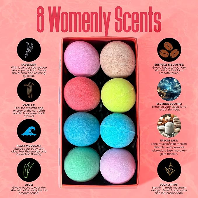 Bath Bombs for Women - Bath Bombs for Women Relaxing - Organic Bath Bombs with Feminine Scents for Her - 2.5 Oz Gift Set of 8 Scented All Natural Bath Bombs with Natural Essential Oils - Gift