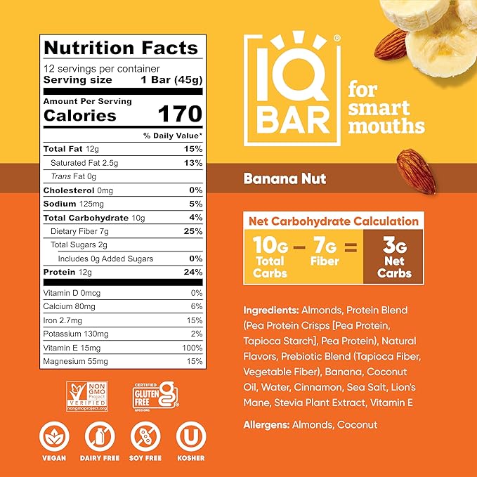 IQBAR Brain and Body Plant Protein Bars Banana Nut 12 Count - Keto, Vegan, Low Carb, High Fiber, Gluten Free, Dairy Free, Low Sugar Snack