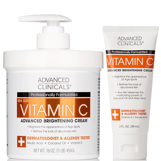Advanced Clinicals Vitamin C Cream Visibly Brightening Body Lotion | Vitamin C Moisturizer Skin Care Body Cream For Women & Men Visibly Improves Look Of Dark Spots & Uneven Skin Tone, W/Travel Size