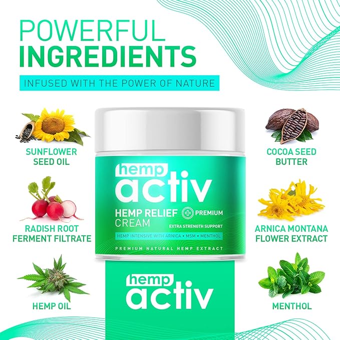HEMPACTIV Hemp Cream, Use on Muscles, Neck and Shoulders, Infused with Hemp, Menthol, MSM & Arnica, 4 Fl Oz