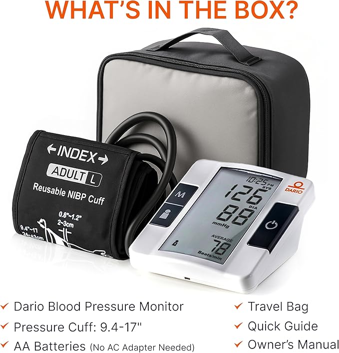 Dario Premium Blood Pressure Monitor for Home Use – Smart, Reliable & Easy to Use, Adjustable Arm Cuff (8.75–16.5"), Bluetooth App & Carrying Case