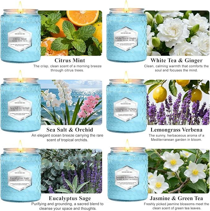 Lake Blue Candles for Home Scented, 6 Pack of 5.5 Oz Natural Soy Wax Candles in Decorative Glass, Home Aromatherapy Gifts Sets for Women Birthday Christmas Refresh & Relaxation