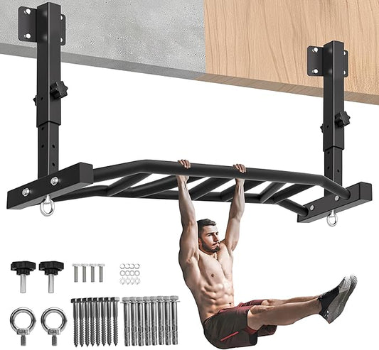 48" Joist Mounted Pull Up Bar, Multi-Grip Ceiling Mount Chin Up Bar for Garage, Basement, Beam, Rafter, Truss Easy installation, Heavy Duty, Adjustable Height, Cross Training Strength Building