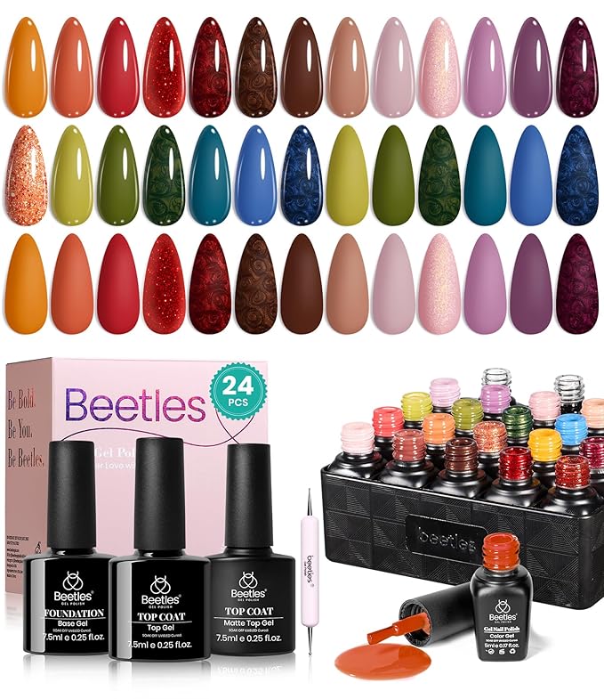 Beetles Winter Gel Polish Set - Toy Eden Gel Nail Polish Set 20 Colors Brown Orange Red Purple Glitter Shell Shread Green Nude Blue 24pcs with Base Top Coat UV LED Needed Gifts for Women
