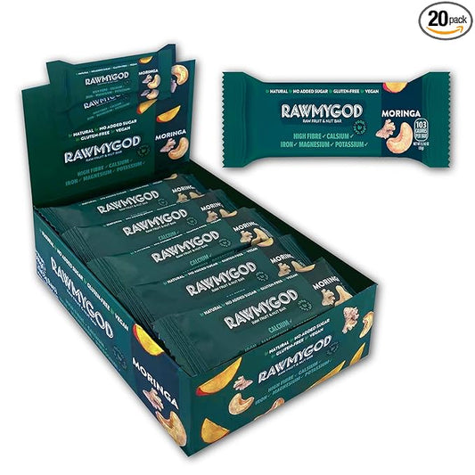 RAWMYGOD Fruit and Nut Bars, Gluten Free, Vegan, No Added Sugar (20 bars, Moringa)