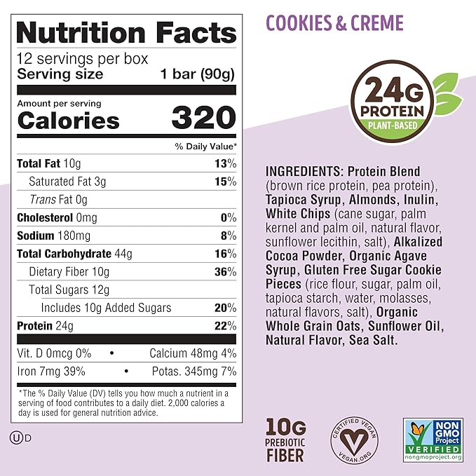 Lenny & Larry's Cookie-fied BIG BAR – Cookies and Creme Vegan Protein Bars 4x90g – Healthy Snacks, 24g Plant Protein & 10g Prebiotic Fiber – Gluten free Power Bar, Vegan