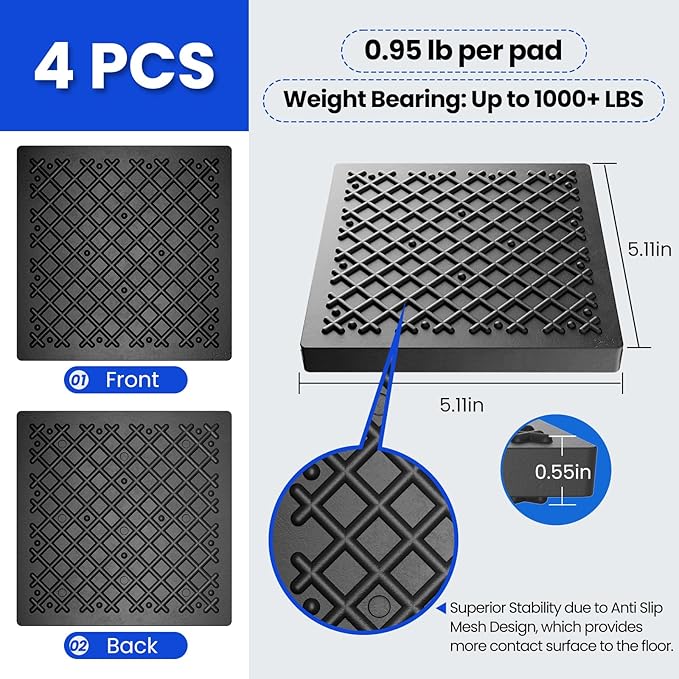 Exercise Equipment Mat 5.11x5.11x0.55in 4pcs, Heavy Duty Thick Steel Embedded Rubber Mat, Anti Slip/Noise Reduction/Vibration Resistance, Treadmills Equipment Pads, Used for Carpets, Wooden Floors