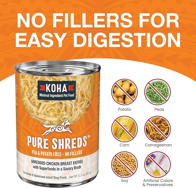 KOHA Pure Shreds Chicken Entrée for Dogs, 12.5oz Cans (Pack of 12)