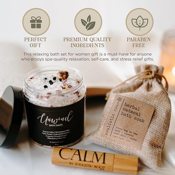Soulistic Root Relaxing Bath Gift Set, Luxury Spa Gifts for Women, Self Care Products for Women and Men, Calm Essential Oil Roller, Oatmeal Lavender Bath Soak & Epsom Salts with Essential Oils