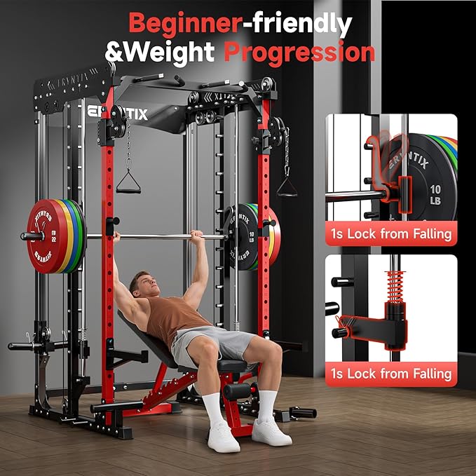 Smith Machine Home Gym for Strength Training, All-in-One Power Cage with Cable Crossover, Squat Rack, LAT Pulldown, Pull-Up Bar, 2600LBS Capacity Gym System with 18 Attachments