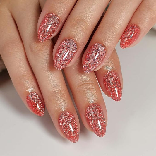 Glitter Red Press on Nails Almond with Sparkling Diamond - Soft Gel Fake Nails Short with Glue, Glossy Glue On Nails for Women Gift in 16 Sizes - 32 Reusable Nails, Starlight Red Orange