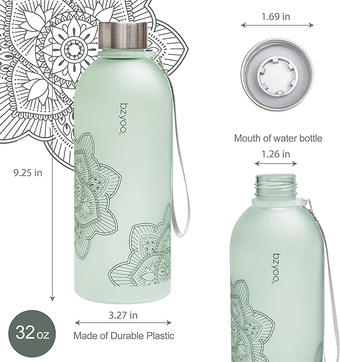 bzyoo 32 OZ 1 Liter Time Marker Water Bottle BPA Free Frosted Durable Plastic With Strap - Reusable Times To Drink For Sports Gym Valentines Gifts Him & Her (Color: Green)