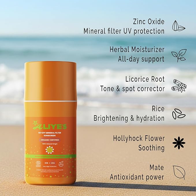 Aliye’s Organic Sunscreen SPF 50+ | Ecocert Cosmos Certified | 100% Mineral & Vegan Sun Protection | Safe for Sensitive Skin | 50ml (White)