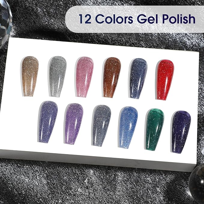 ROSALIND Reflective Glitter Gel Polish - 12 Colors Glitter Gel Nail Polish Set Sparkle Shiny Effect Soak Off UV Set Silver Sparkling Nail Art Collection Manicure Gift for Women