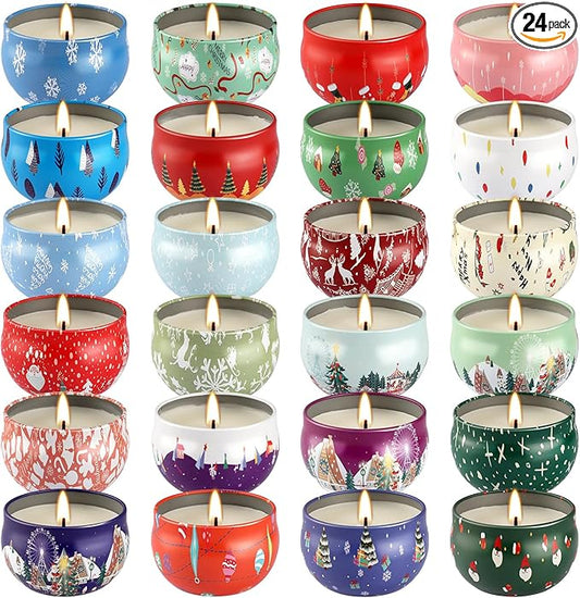 24Pack Christmas Scented Candle Tins Gift Set - Soy Wax Festive Candles 2.5oz- Long Lasting Burn time for Christmas Thanksgiving Gifts Holiday Decor & Gifting.