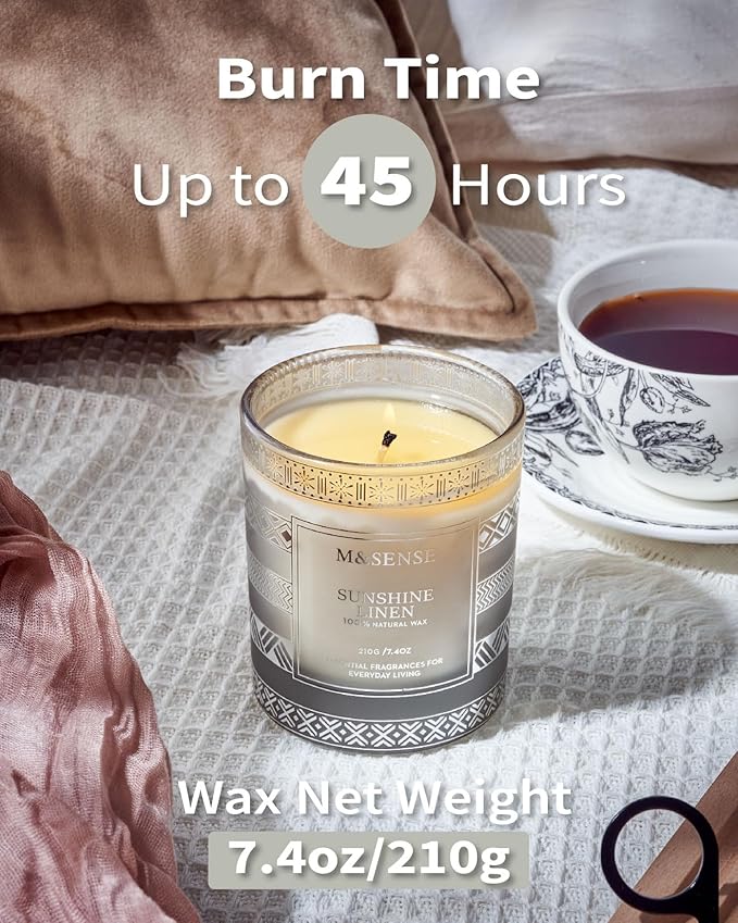 M&SENSE Sunshine Linen Scented Candles, 7.4oz 45 Hour Long Lasting Highly Scented Candles Home Decor, All-Natural Soy Wax Luxury Candle Christmas Thanksgiving Halloween Gifts