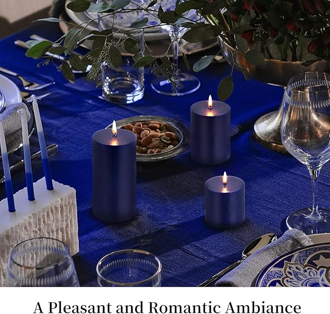 KONNI Navy Blue Pillar Candles Set of 3, 3"x 3" Unscented Pillar Candles Bulk, 30 Hours Long Burning Candles, Smokeless&Dripless Large Round Candle for Wedding, Home Decoration, Parties, Spas, Dinner