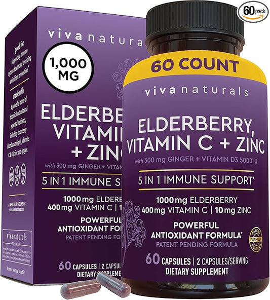 Viva Naturals Black Elderberry with Vitamin C and Zinc for Adults (60 Count) - Sambucus Elderberry Immune Support Supplement, Black Elderberry Capsules for Adults, Elderberry Supplements for Women