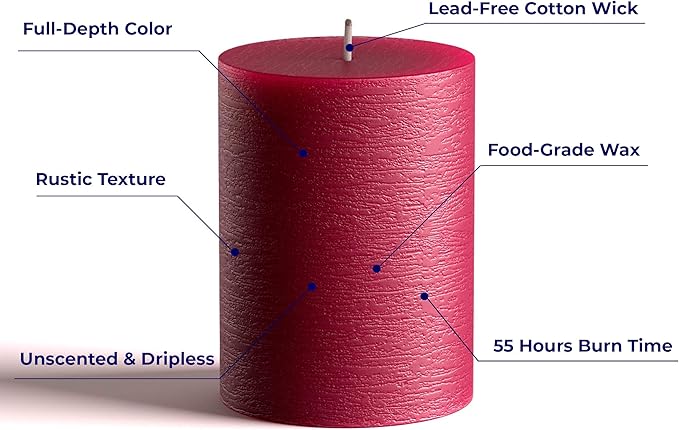 Set of 3 Pillar Candles 3" x 4" Unscented Handpoured Weddings, Home Decoration, Restaurants, Spa, Church Smokeless Cotton Wick - Burgundy