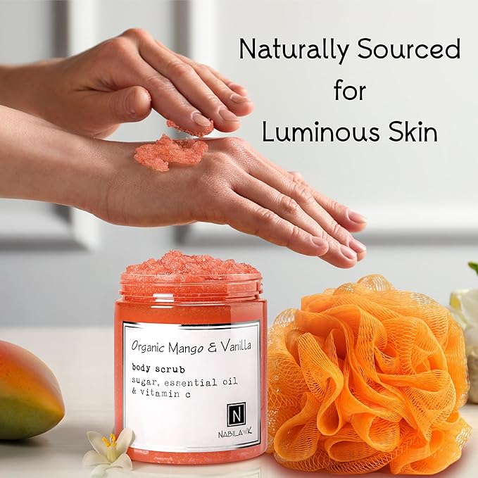 Organic Mango & Vanilla Body Scrub Made in USA with Essential Oil and Vitamin C by Nabila K - Exfoliate and Moisturize for Smooth Skin - Luxury for Women & Men, 3 oz