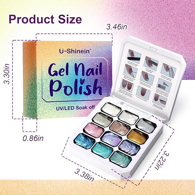 Gradient Painting Gel, 12 Gliter Colors Ombre Gel Nail Polish for Pigment Pat Silver&Gold Pink Blue Aurora color Bright Nails, French Manicure DIY Nail Art No-wipe Palette for Women