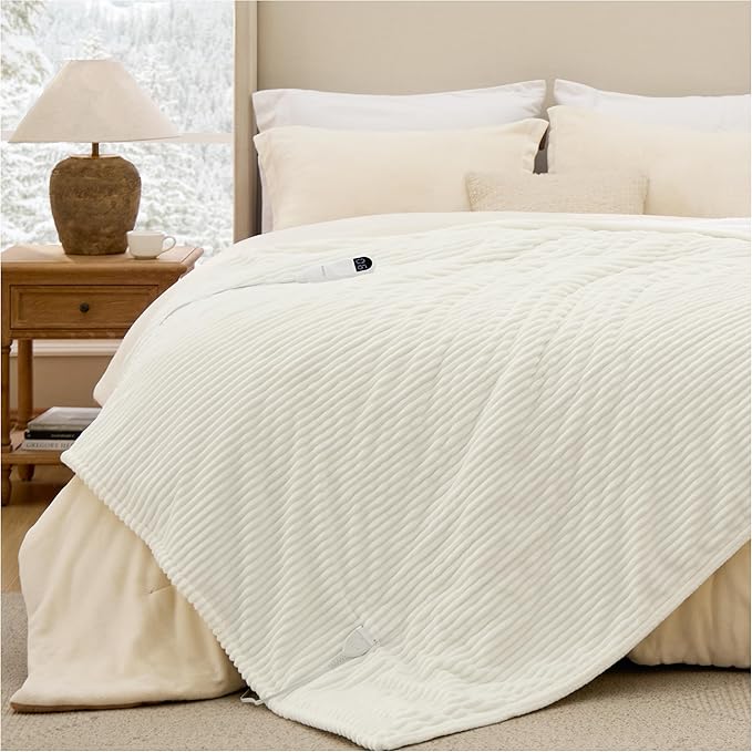 Bedsure GentleSoft Electric Blanket Twin - Soft Ribbed Flannel Heated Blanket, Heating with 10 Time Settings, 6 Heat Settings, and 8 hrs Timer Auto Shut Off, Gifts for Grandma (62"x84", Coconut White)