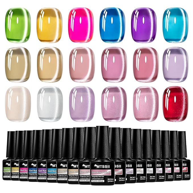 MTSSII Jelly Cat Eye Gel Nail Polish Set 18PCS, Neon Moonlight Glass Crystal Magnetic Gel Polish Pink Purple Red Blue Yellow Colors Nail Polish with Magnet Soak Off UV Art Gift for Women Girls