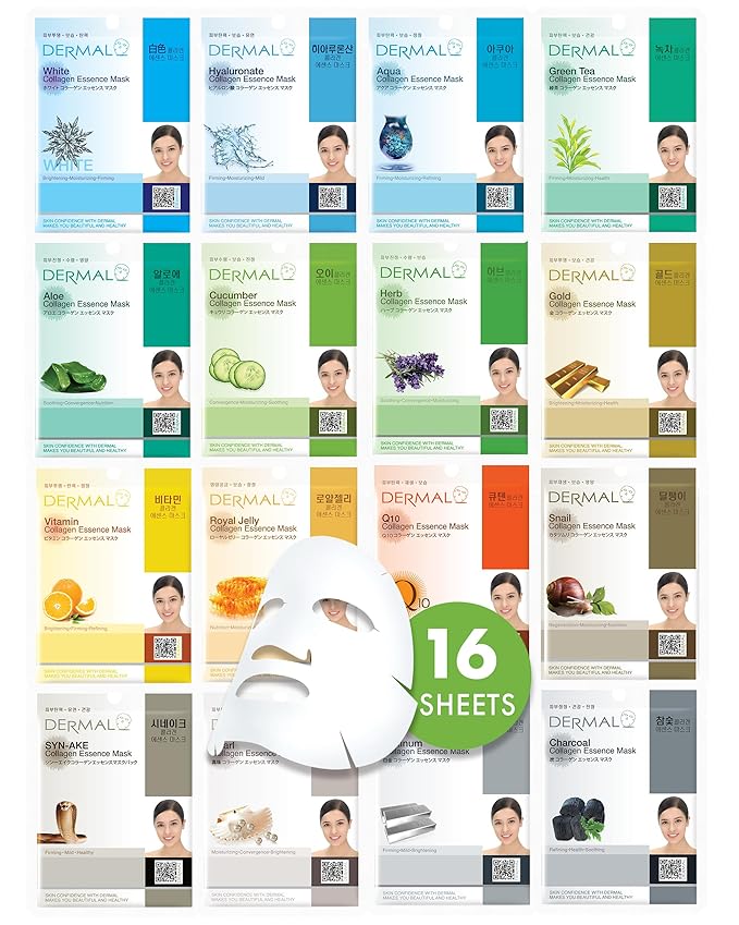 DERMAL Made in Korea Facial Mask – 20+ Years of Trusted K-Beauty, Premium Quality vs. Generic Chinese Masks, Best Value Sheet Mask for Daily Skincare – 16 Combo Pack A