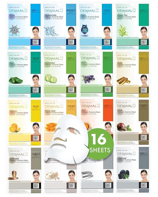 DERMAL Made in Korea Facial Mask – 20+ Years of Trusted K-Beauty, Premium Quality vs. Generic Chinese Masks, Best Value Sheet Mask for Daily Skincare – 16 Combo Pack A