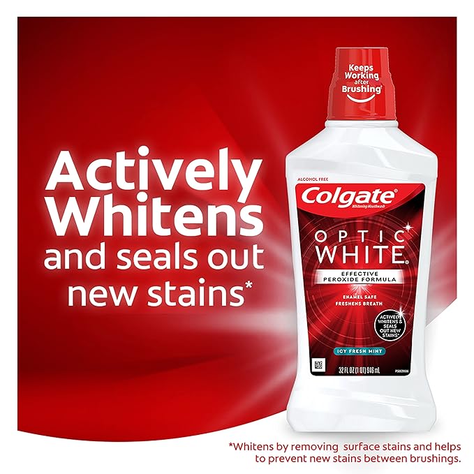 Colgate Optic White Whitening Mouthwash, Fresh Mint - 946mL, 32 Fluid Ounce (3 Pack)