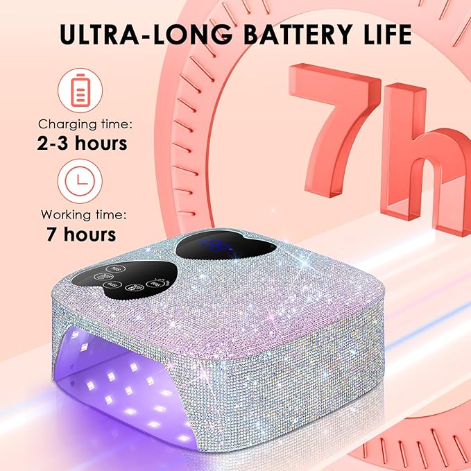 UV LED Nail Lamp Cordless, HUITINE 80W Rechargeable UV Light for Gel Nails, Professional Gel Light Dryer with 5 Timers & Mirror Base, Sparkling Rhinestones Diamond Curing Lamp for Salon & Home